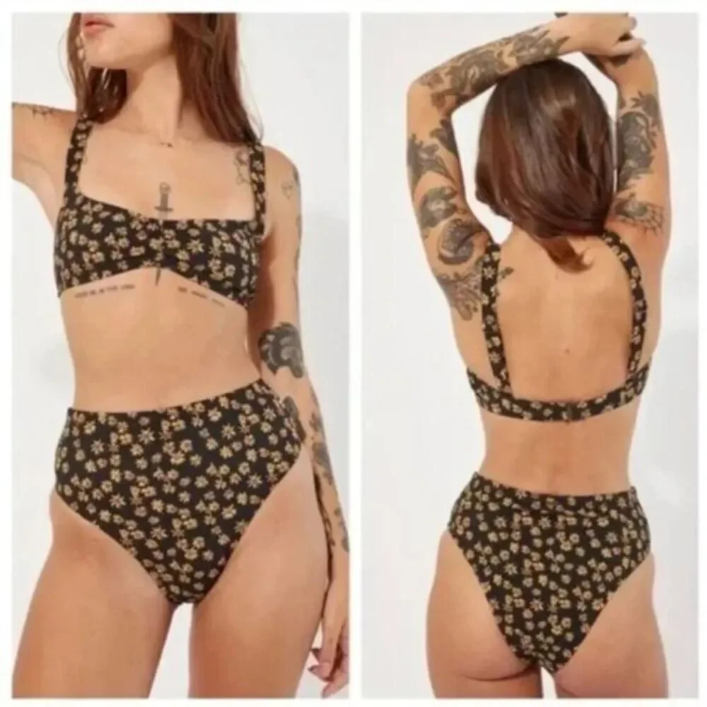 NEW  Free People x‎ Thrills black daisy high waist bikini bottom, US size XS